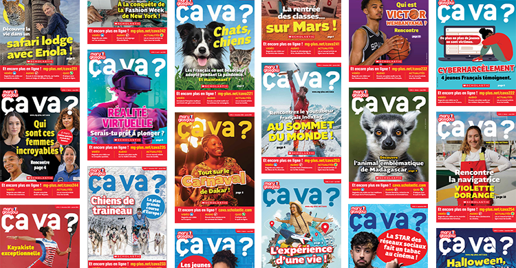 Collage of French-language Scholastic magazine covers featuring various topics and people